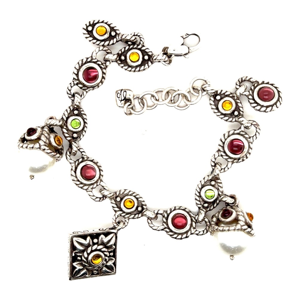 Brighton Silver Tone Multi Charm Bracelet Faux Pearl Colorful Crystal 7.5-8in